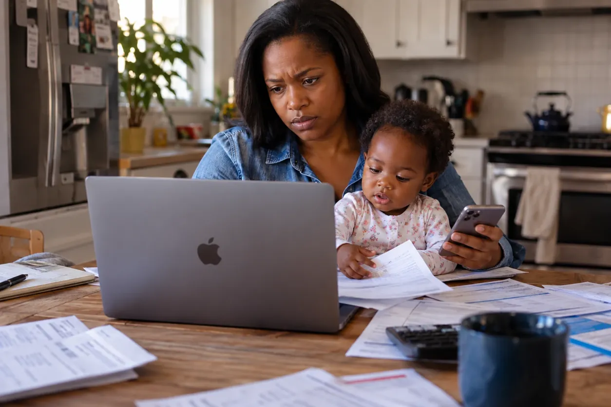 A parent with a baby on her lap reviewing medical bills at the kitchen table